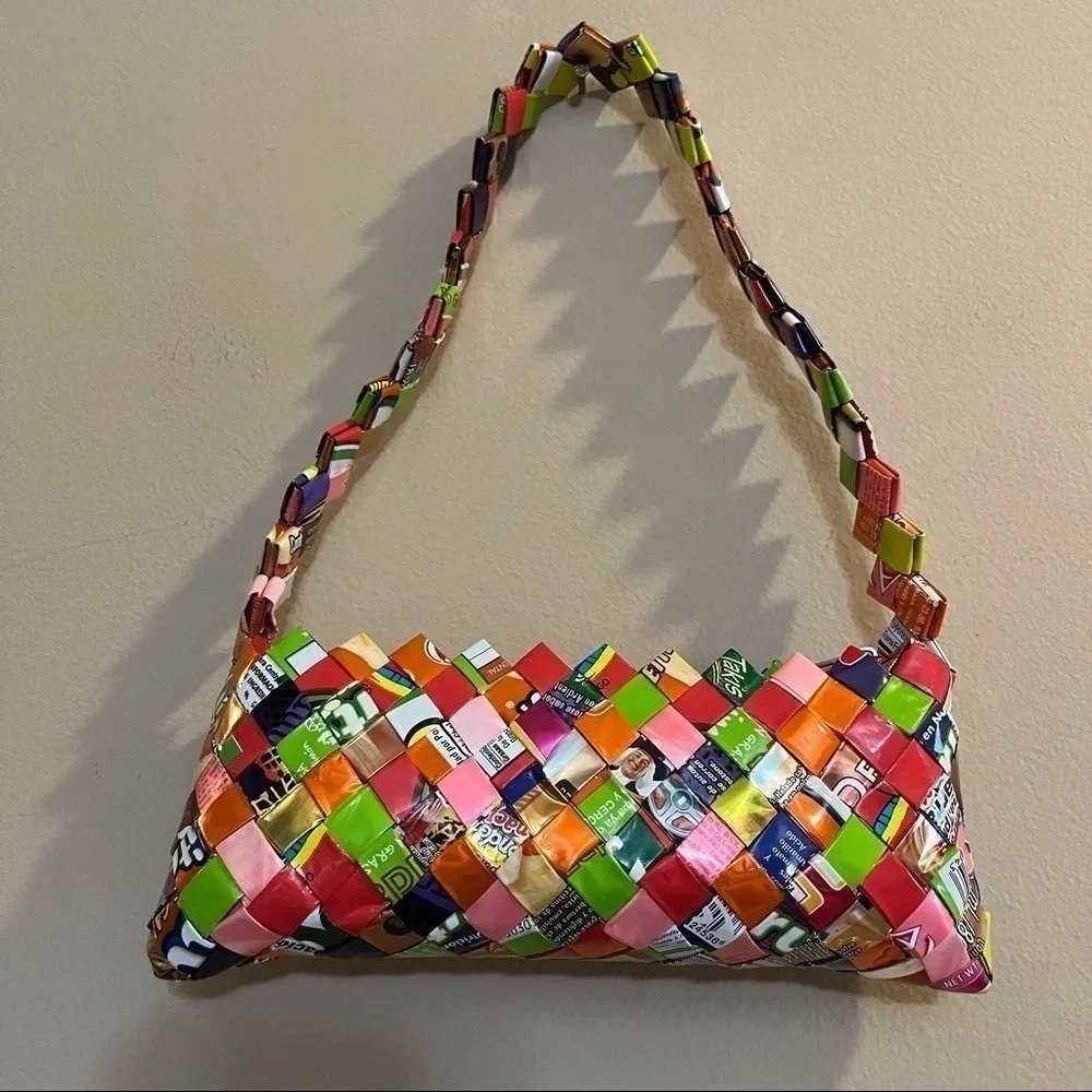 Recycled Candy Wrapper Purse Woven Shoulder Bag Recycled Wearable Art Y2K